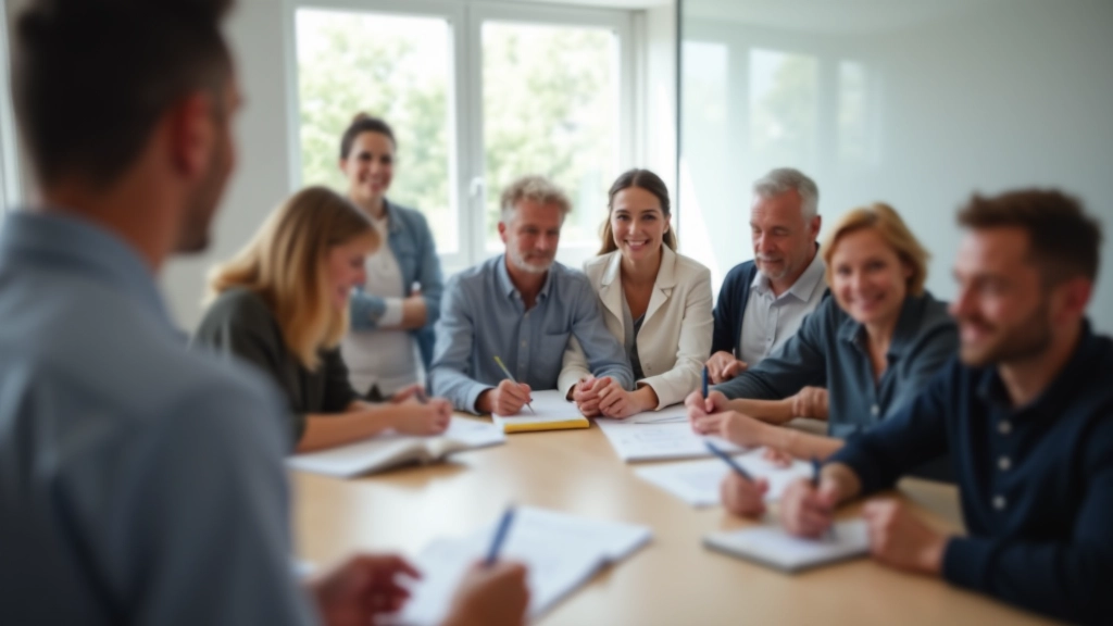 Deutschkurs oder Schulungsszene: Verschiedene Menschen unterschiedlicher Alter und Herkunft in einem modernen Klassenzimmer beim Lernen, Bildung und Integration