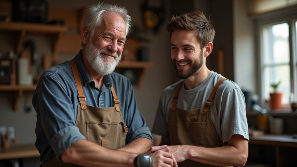 Älterer Handwerker unterrichtet jüngeren Lehrling in einer Werkstatt, generationenübergreifendes Wissen, modernes Handwerk