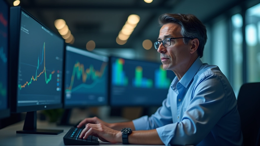 Wirtschaftsdaten auf Monitor, Finanzanalyst vor Bildschirm mit Grafiken, modernes Finanzumfeld