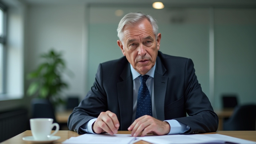 Grafik zeigt älteren Arbeitnehmer am Schreibtisch mit Dokumenten und Kaffee, moderne Büroumgebung