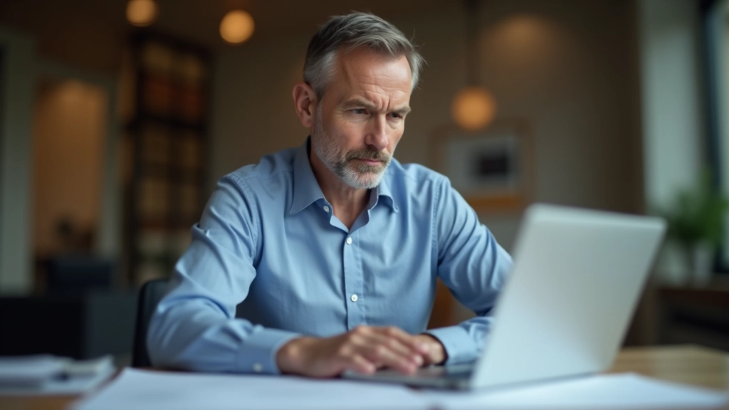 Mann mittleren Alters sitzt am Laptop und schaut auf Finanzberichte und Rentenabrechnungen, konzentrierter Gesichtsausdruck