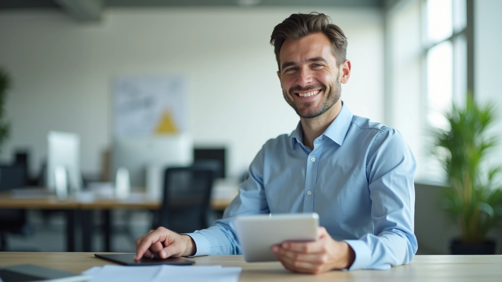 Digitalisierung am Arbeitsplatz, Mitarbeiter mit Tablet und modernem Office Setup, Produktivität und Technologie