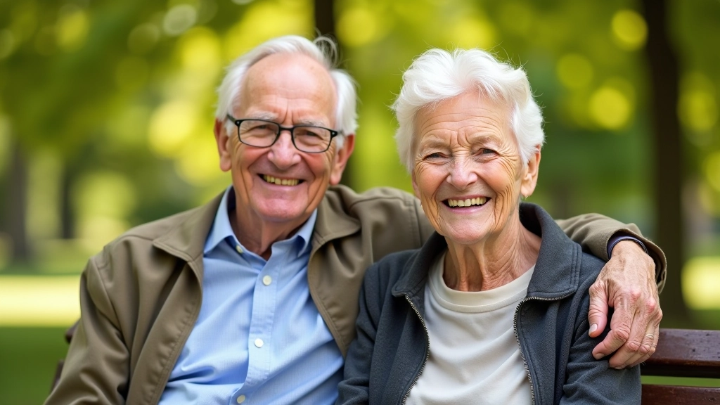 Älteres Ehepaar sitzt auf einer Bank im Park und schaut auf die Natur, beide sind aktiv und gesund, natürliche Beleuchtung